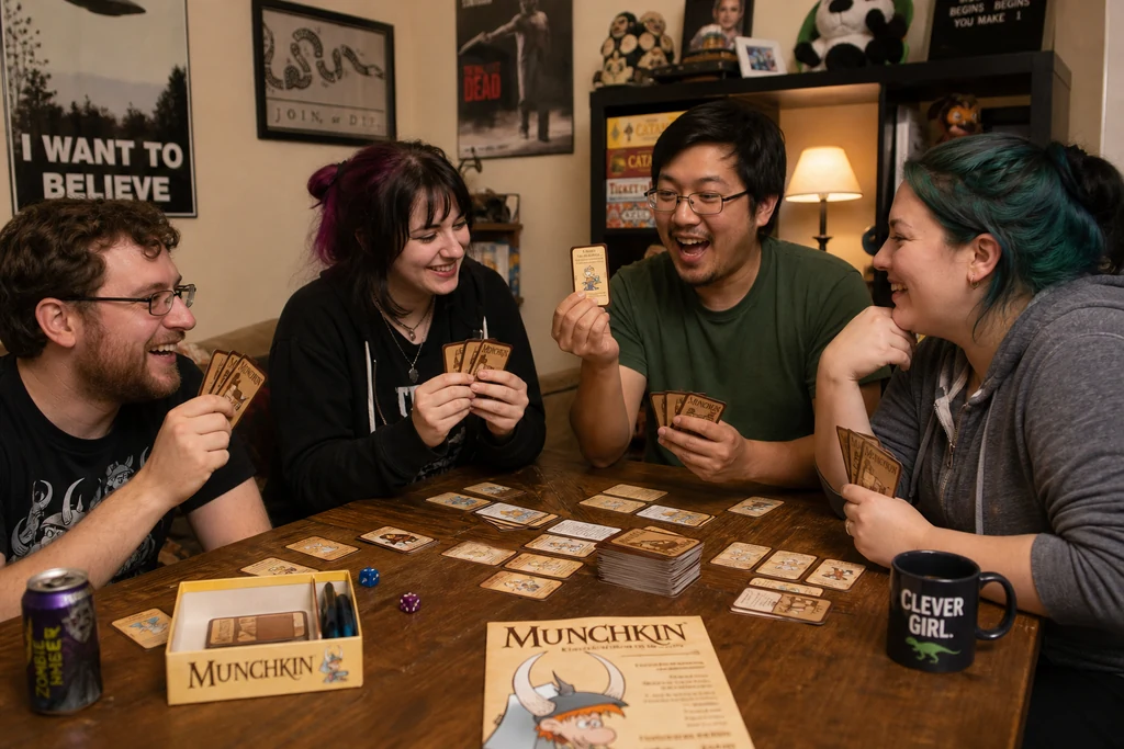 Gruppo di amici che gioca a Munchkin intorno a un tavolo ridendo