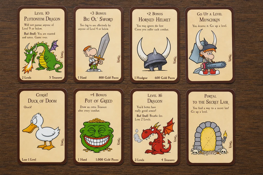 Dettaglio carte Munchkin con armi, classi e mostri cartoon